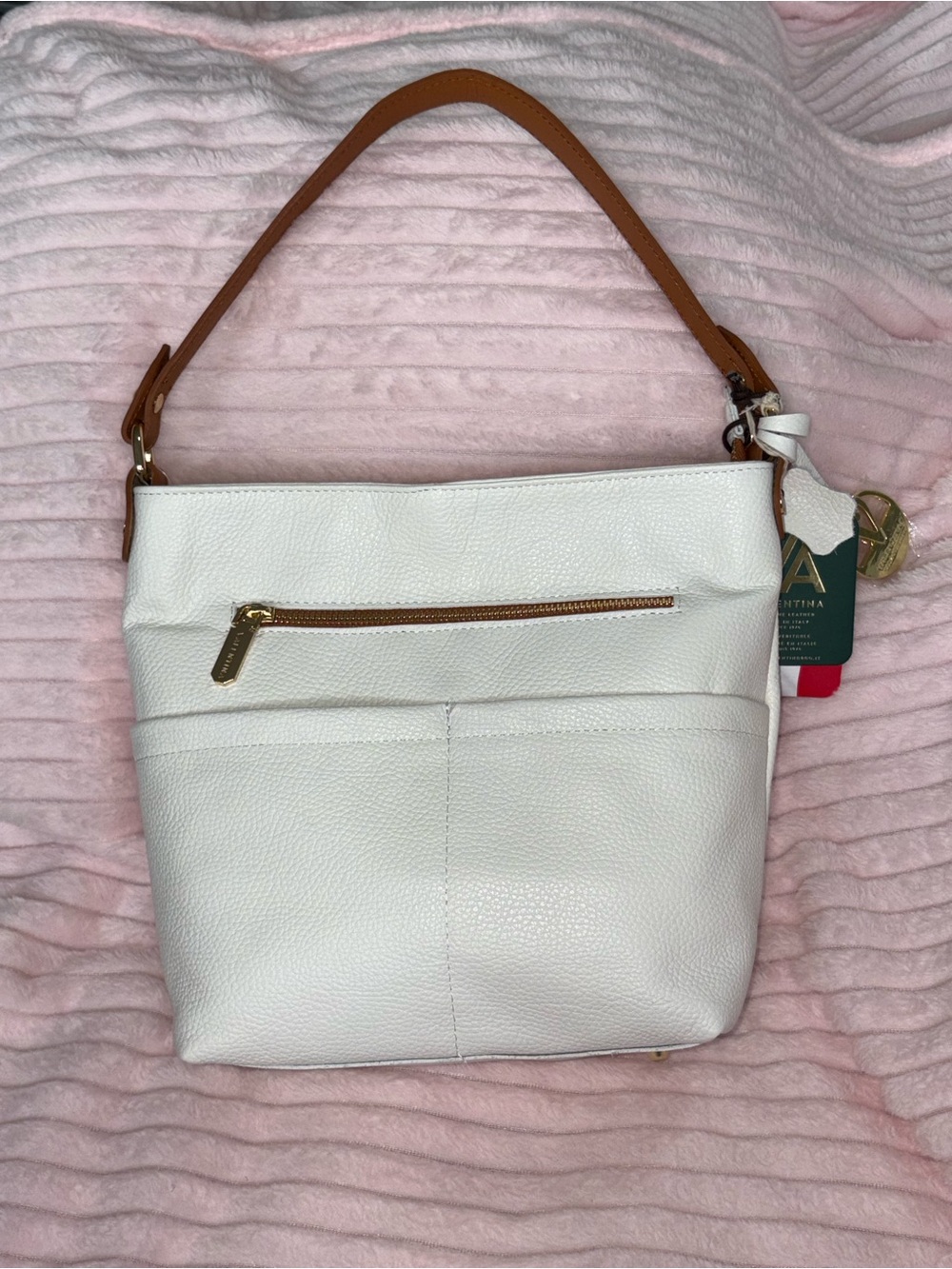 NWT Valentina Genuine Leather White Shoulder Bag with Tan Strap